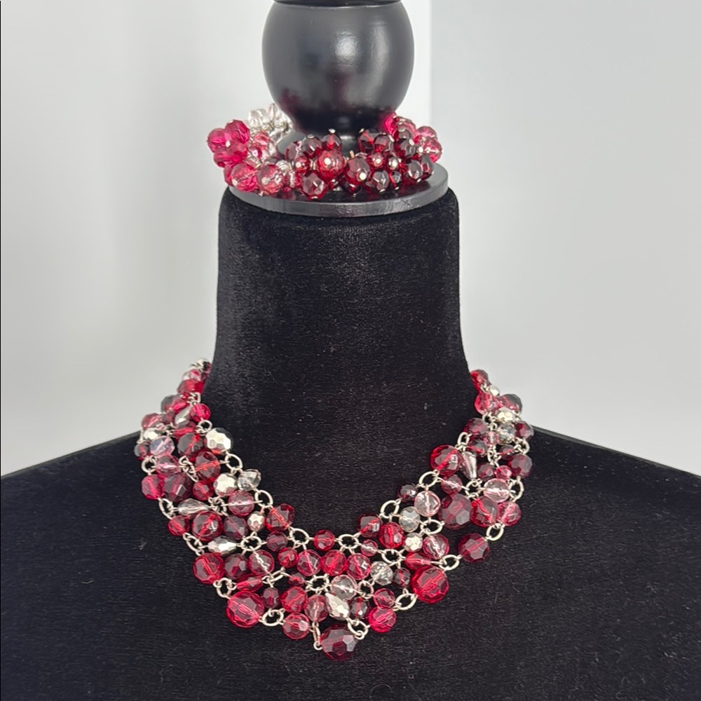 White House Black Market Red, pink, silver Beaded Necklace and Bracelet Set.